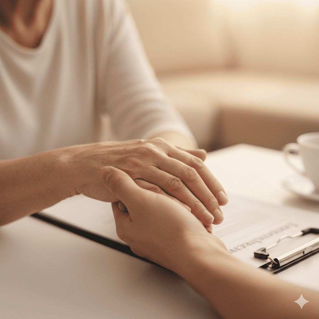 Un hombre mayor recibiendo asistencia domiciliaria, con símbolos de justicia y cuidado médico, en el contexto de una enfermedad como Parkinson.