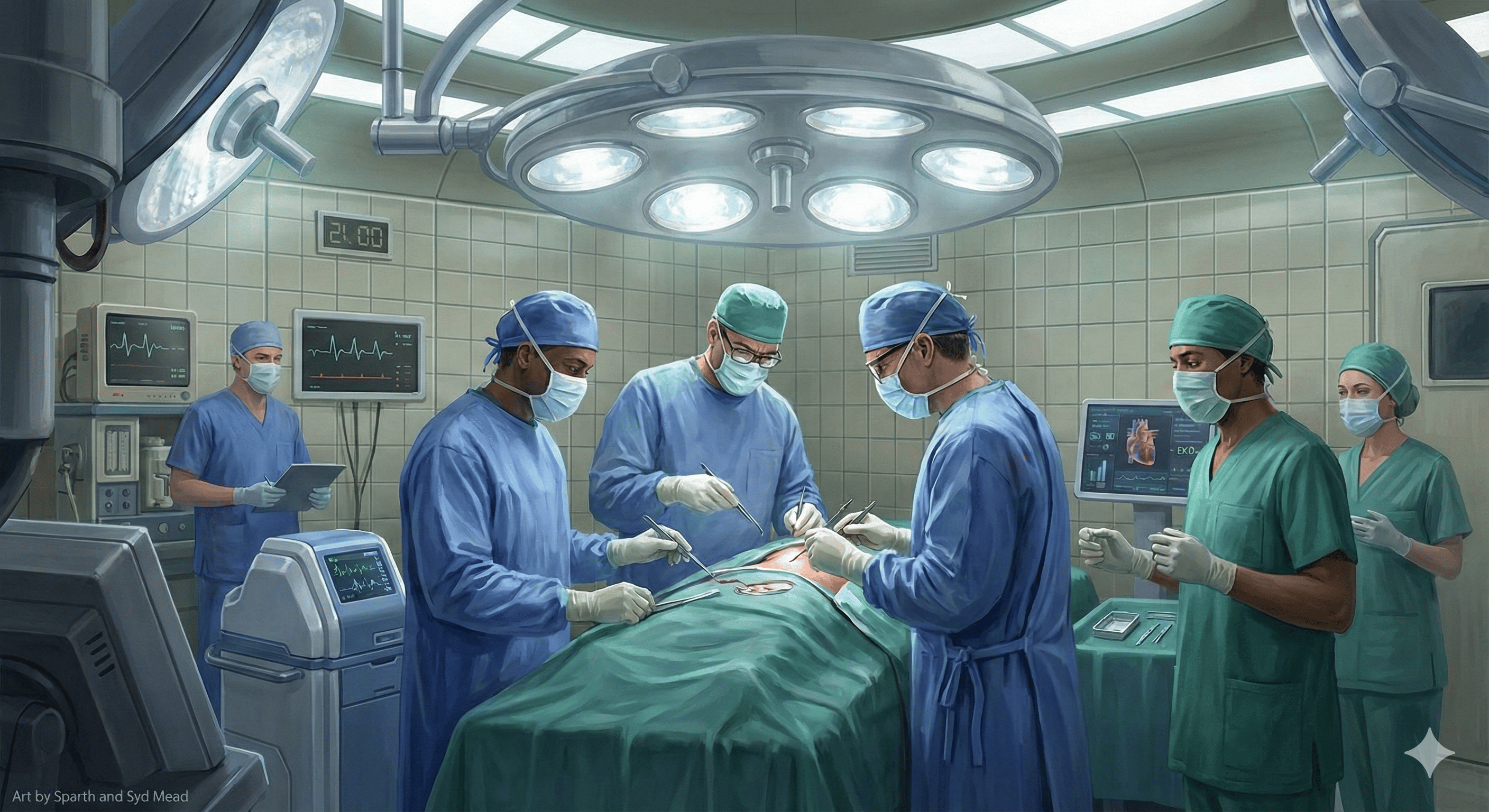 Representación abstracta de una cirugía de alta complejidad y símbolos de justicia, con elementos oncológicos y de cuidado médico.