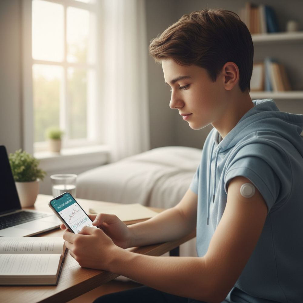 Adolescente realizando actividades cotidianas con un sensor de monitoreo de glucosa visible, representando salud y tecnología