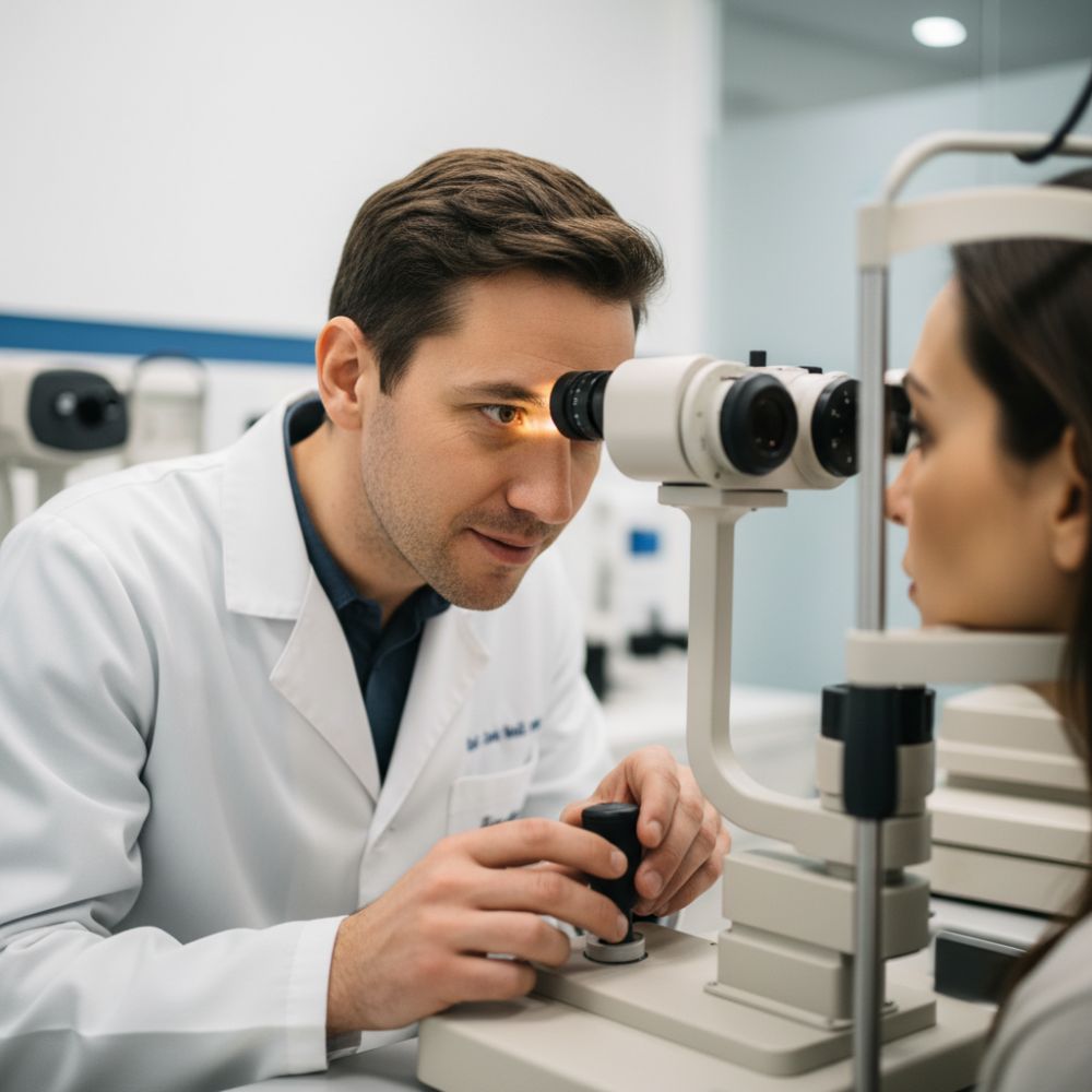 Oftalmólogo examinando detalladamente la visión de una paciente en un entorno clínico moderno