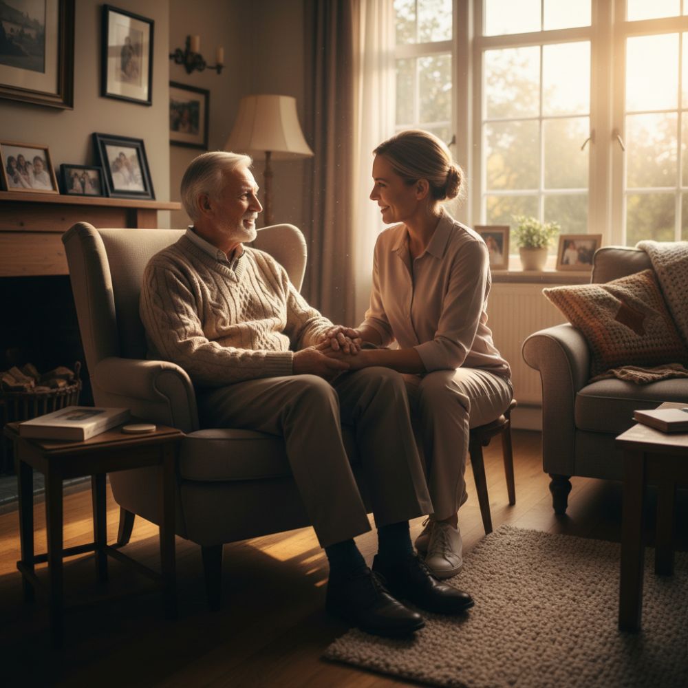 Una asistente domiciliaria brindando apoyo afectuoso a un hombre mayor en su hogar