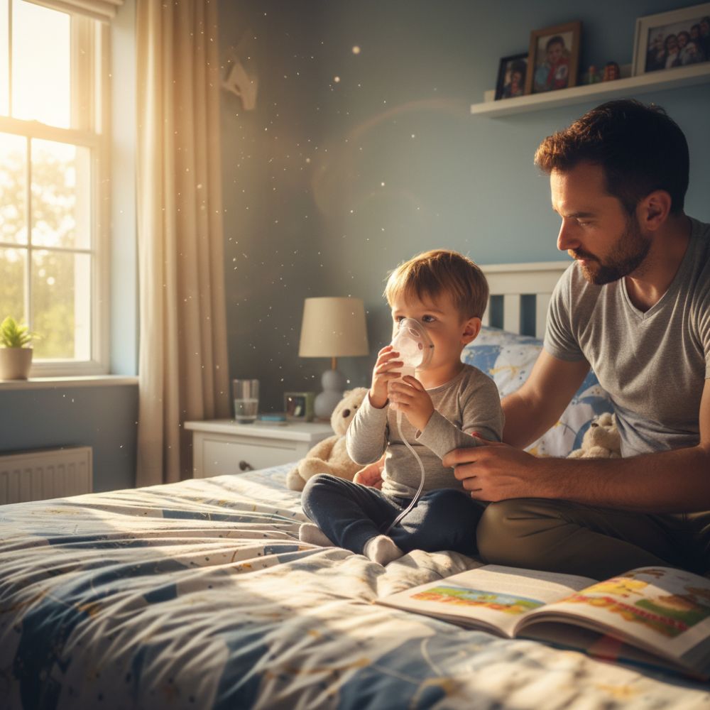 Niño recibiendo tratamiento respiratorio en un ambiente familiar y cálido