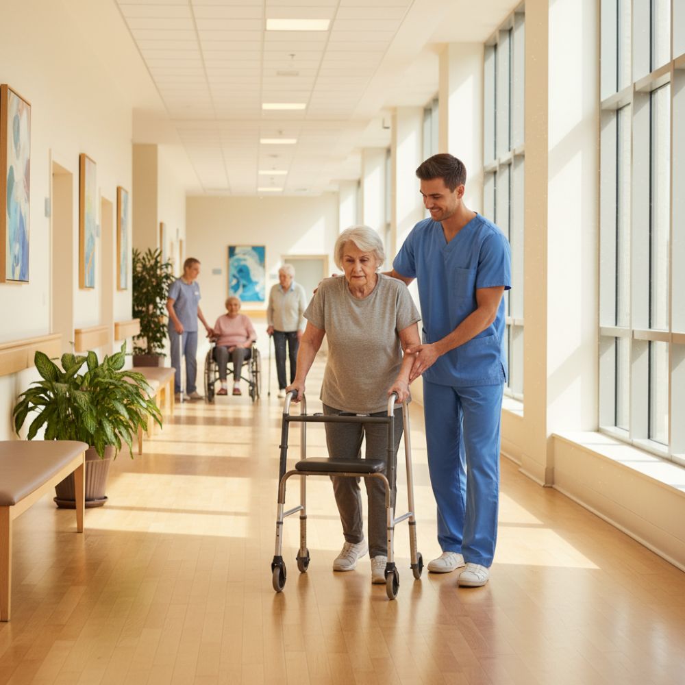 Persona mayor en un entorno de cuidado cálido siendo asistida profesionalmente