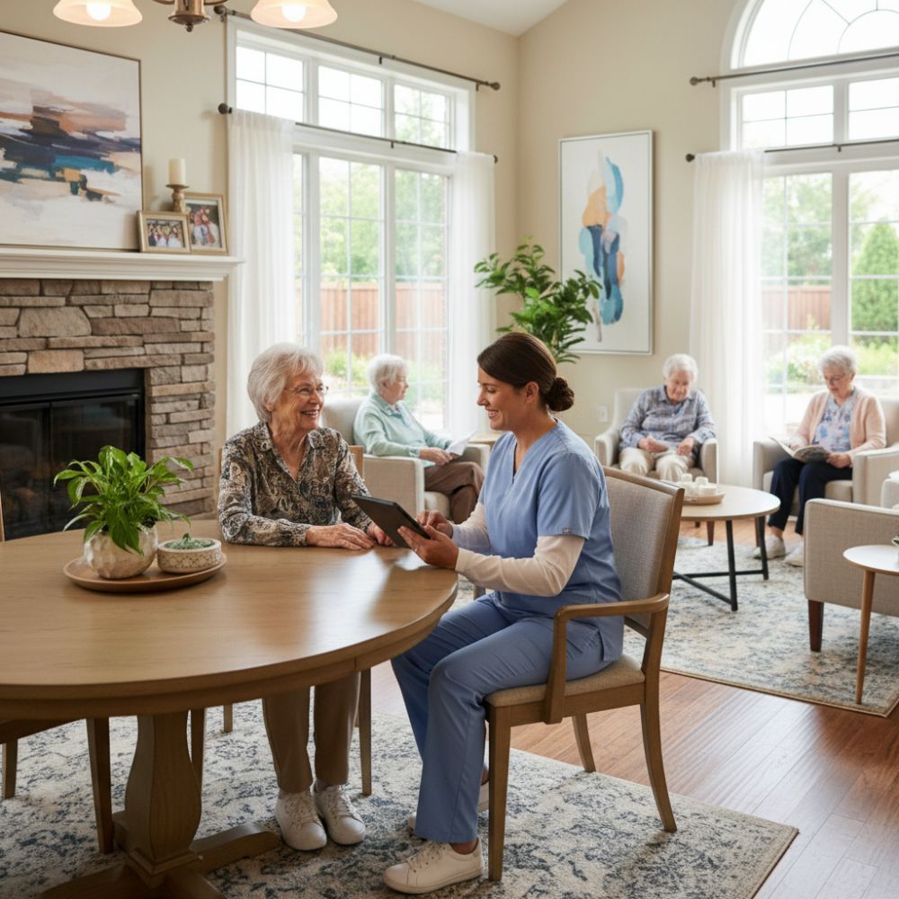 Enfermera acompañando a una persona mayor en una residencia cálida y profesional