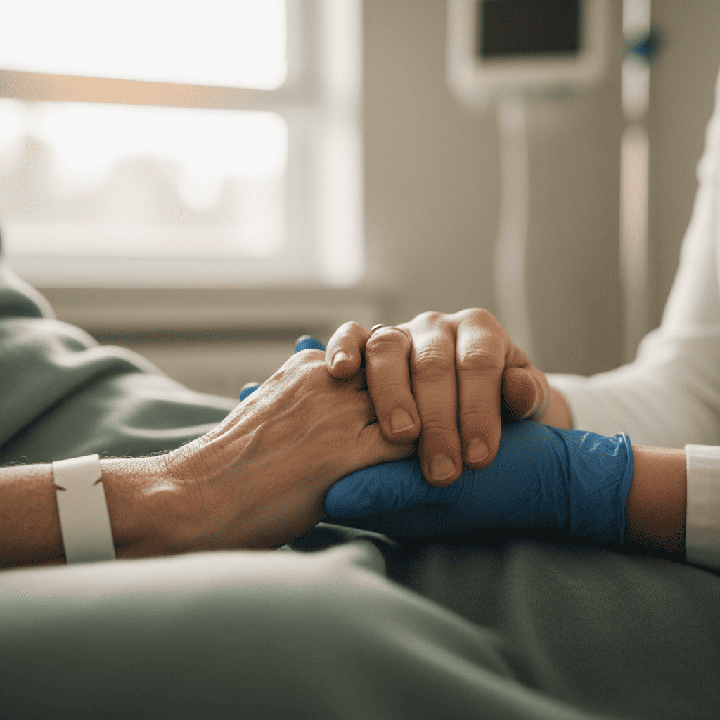 Representación de un paciente recibiendo un tratamiento médico avanzado con un profesional de la salud, simbolizando esperanza y cuidado