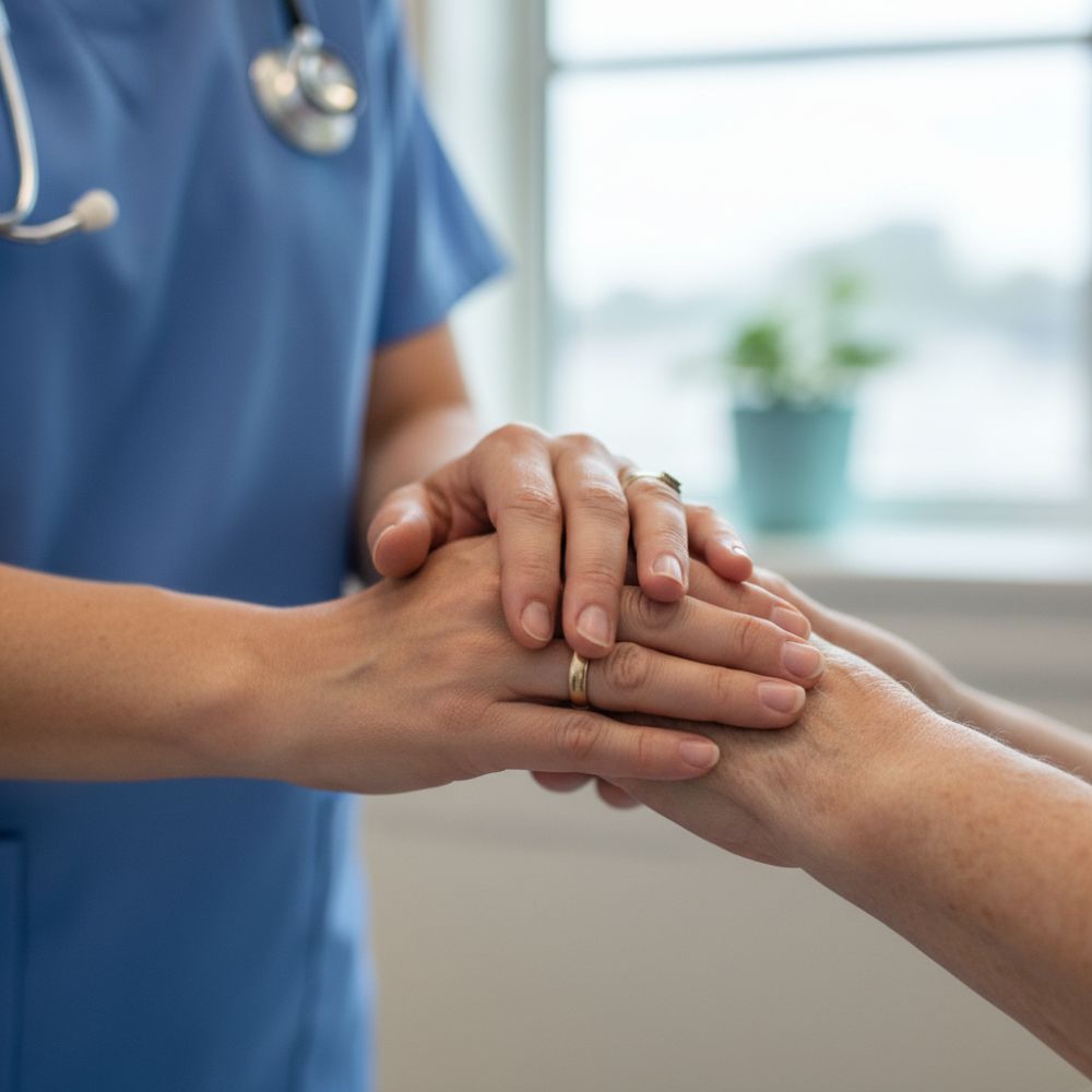 Un médico oncólogo explicando un tratamiento a un paciente en un entorno clínico esperanzador