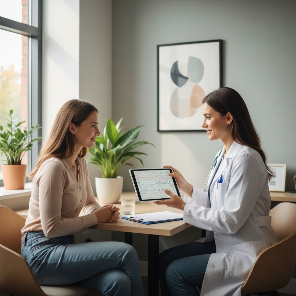 Médico explicando resultados de estudios oncológicos a una paciente en un entorno profesional y empático