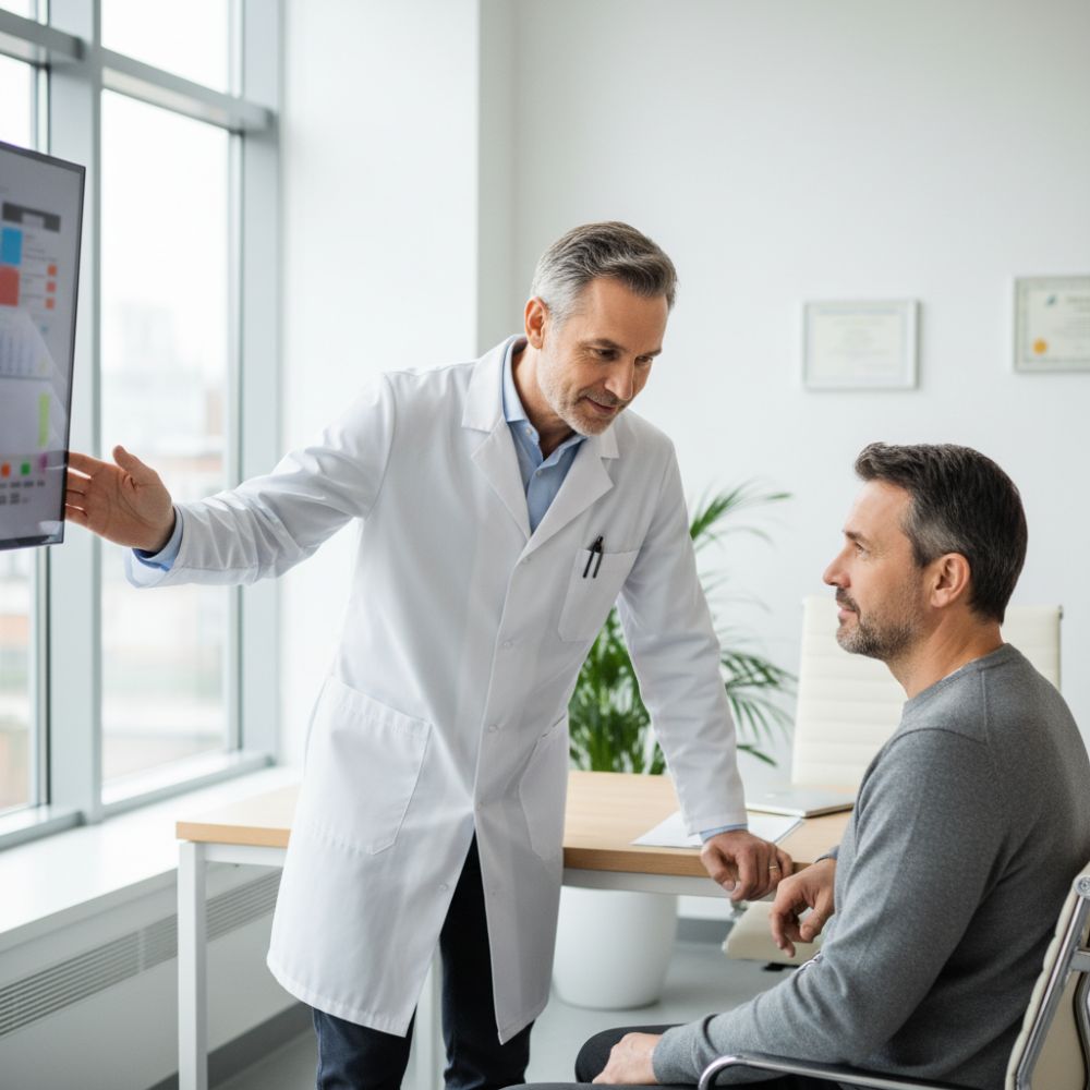 Médico oncólogo explicando tratamiento a un paciente adulto en un consultorio profesional
