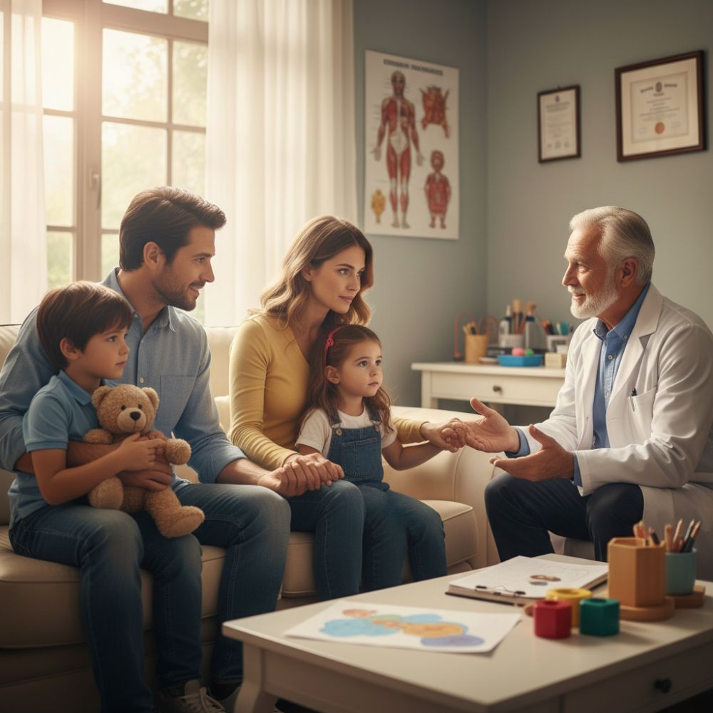 Médico pediatra explicando un tratamiento a la familia de un niño en un entorno clínico cálido