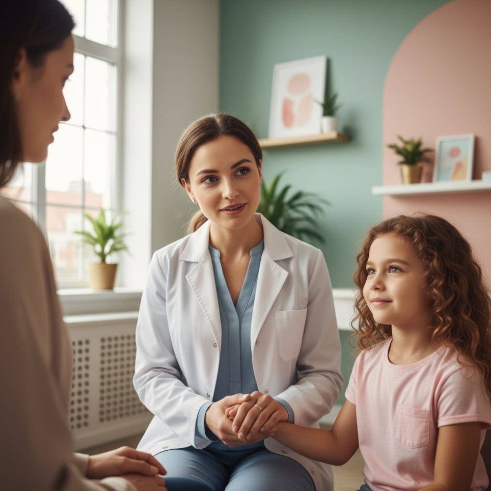 Médico pediatra explicando un tratamiento a una niña y su madre en un entorno clínico cálido