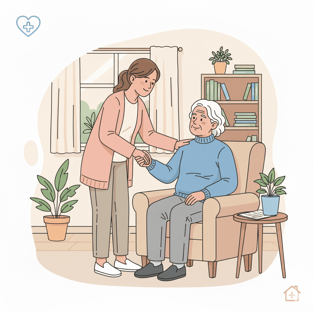 Representación de una persona recibiendo asistencia domiciliaria con símbolos de justicia y cuidado médico