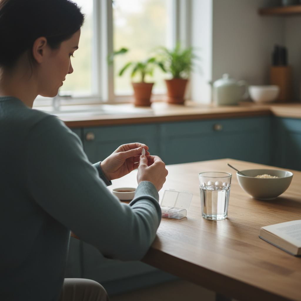 Manos sosteniendo blísteres de medicamentos y un vaso de agua, simbolizando el cuidado y acceso a tratamientos esenciales.