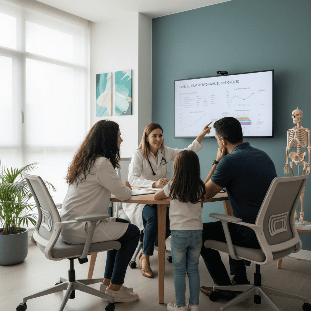 Una niña sonriendo mientras un profesional médico la examina gentilmente, con sus padres observando con tranquilidad, en un entorno cálido y luminoso.